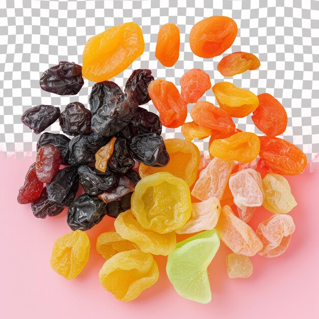 PSD een stapel gedroogd fruit met een roze achtergrond met een paar andere snacks