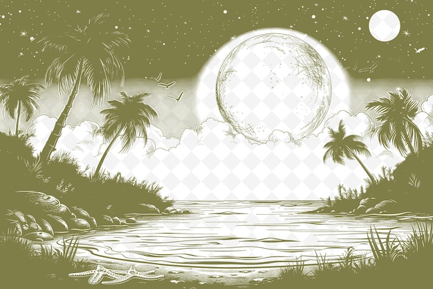 Een strandbeeld met palmbomen en een volle maan op de achtergrond