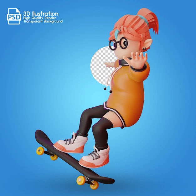 Een stripfiguur met een bril op een skateboard