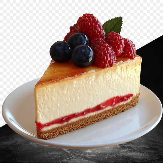 een stuk cheesecake met frambozen erop