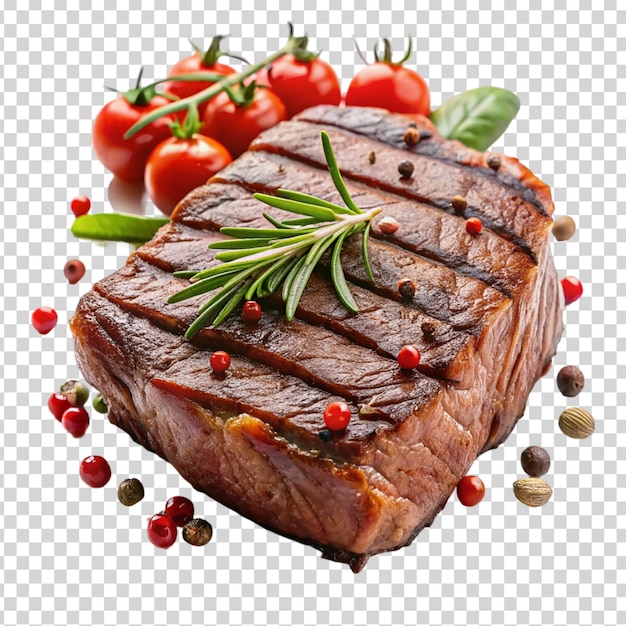 PSD een stuk vlees met kruiden bovenop omringd door tomaten op een doorzichtige achtergrond