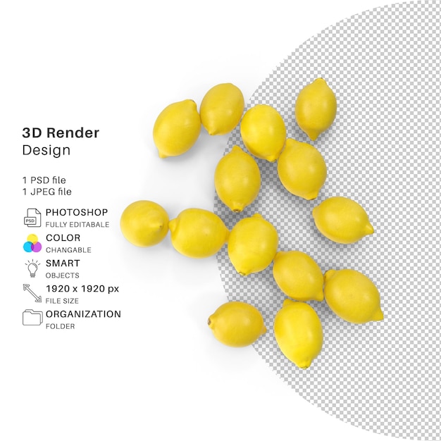 Een tafel met citroenen en een tafel met een titel die zegt 3d render design.