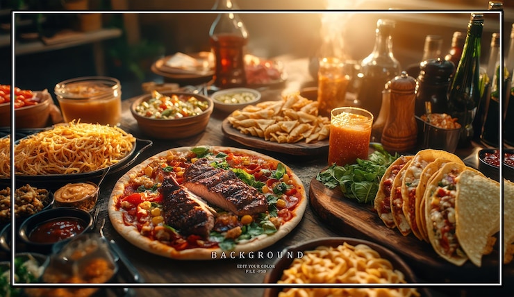 PSD een tafel vol heerlijk eten, waaronder pizza, taco's en frietjes.