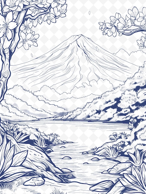 Een tekening van een berg met bloemen en bomen