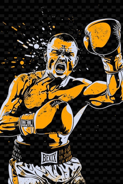 Een tekening van een bokser met een gele en zwarte achtergrond