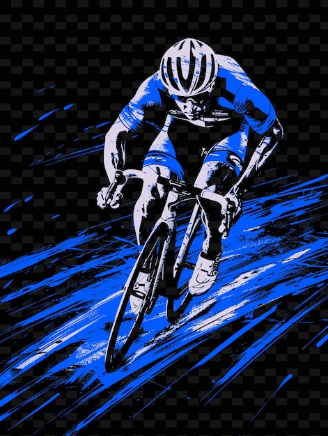 Een tekening van een fietser op een zwarte achtergrond met een blauw-witte afbeelding van een cyclist