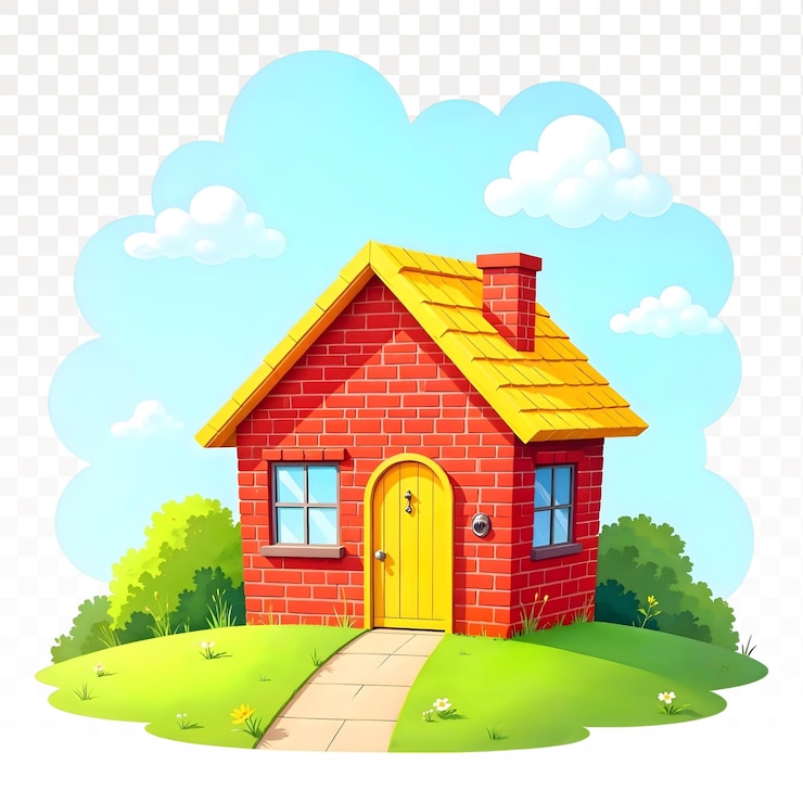 PSD een tekening van een huis met een geel dak op groen gras