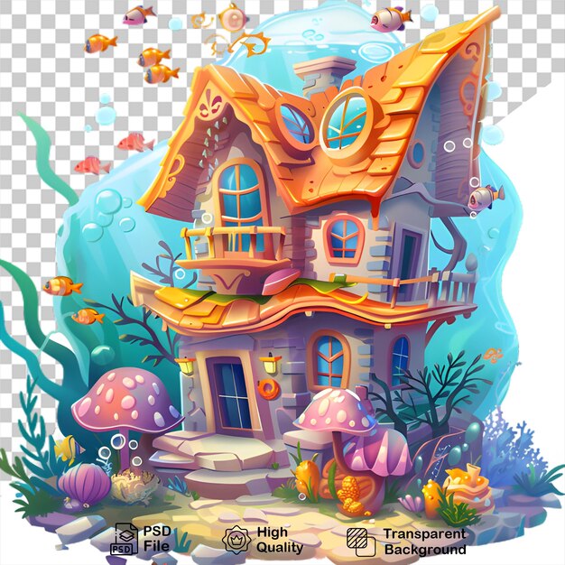 Een tekening van een huis met een vis die in het water zwemt