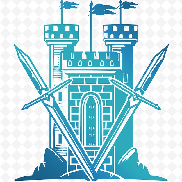 PSD een tekening van een kasteel met een zwaard en vlaggen erop