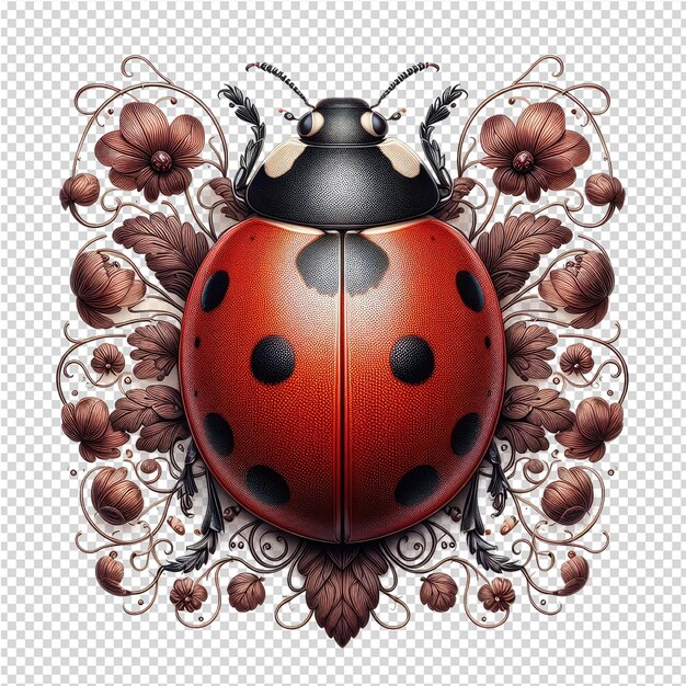 PSD een tekening van een ladybug met bloemen en vlinders