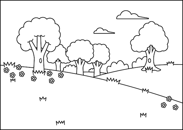 een tekening van een landschap met bomen en een gebouw met een nummer 3 erop