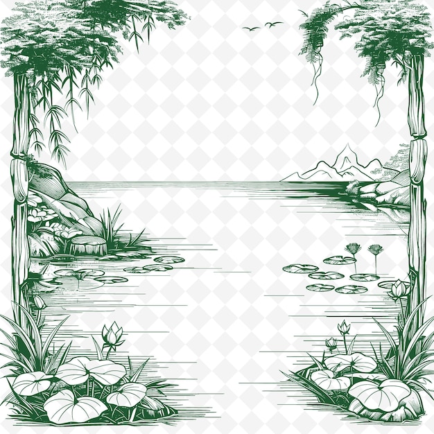 PSD een tekening van een meer met een foto van een berg en bomen