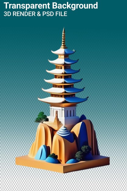 Een tekening van een pagode met een pagode bovenop