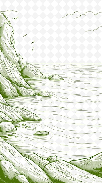 PSD een tekening van een rots in het water met een groene alge erop