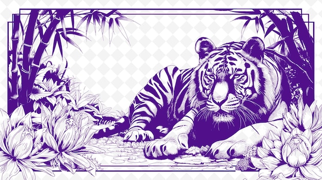 PSD een tekening van een tijger met een palmboom op de achtergrond