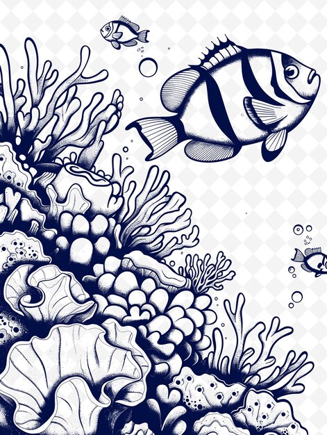 PSD een tekening van een vis en anemone met de woorden clownfish