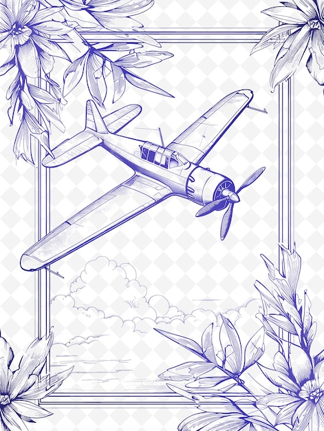 PSD een tekening van een vliegtuig met bloemen en de woorden blauw en paars