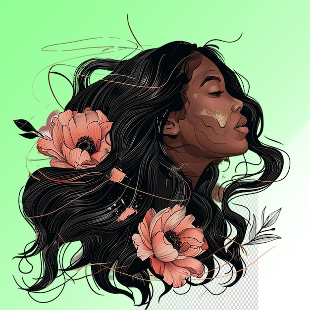 Een tekening van een vrouw met bloemen op haar gezicht