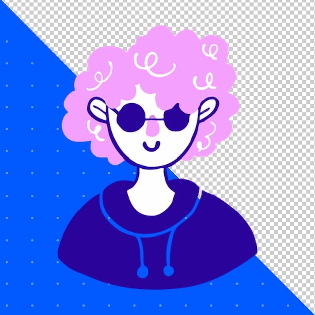 een tekening van een vrouw met roze haar en bril