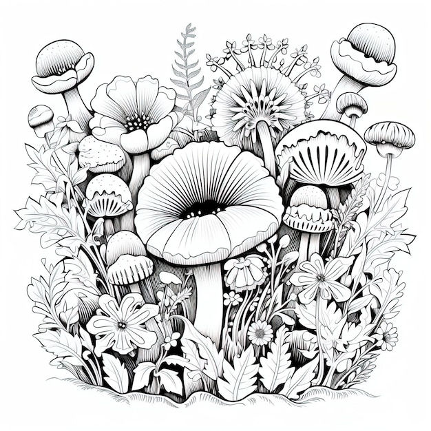 Een tekening van paddenstoelen en paddenstoelen met een zwart-witte achtergrond.