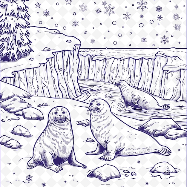 PSD een tekening van zeehonden met sneeuw erop