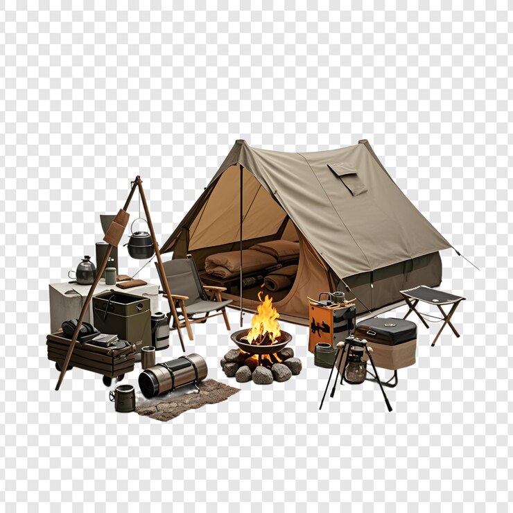 PSD een tent met een vuur erop en een vuur erop