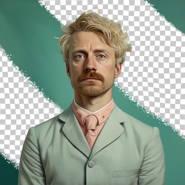 PSD een treurige man van middelbare leeftijd met blond haar van de west-aziatische etniciteit gekleed in een politicuskleding poseert in een intense directe blikstijl tegen een pastel mint achtergrond