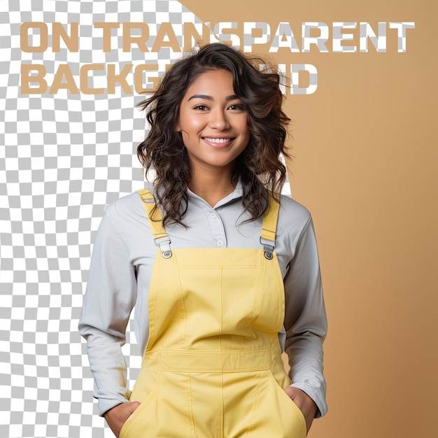 PSD een trotse jonge volwassen vrouw met golvend haar van de zuidoost-aziatische etniciteit gekleed in een loodgieterkleding poseert in een looking over the shoulder-stijl tegen een pastel lemon-achtergrond