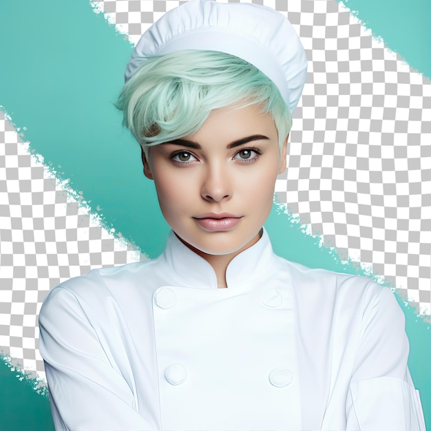 PSD een trotse peutervrouw met kort haar van de scandinavische etniciteit gekleed in chef-kok kleding poseert in een zachte hand op wang stijl tegen een pastel turquoise achtergrond