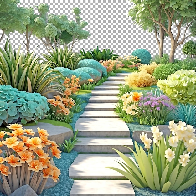 PSD een tuin met een pad met bloemen en bomen