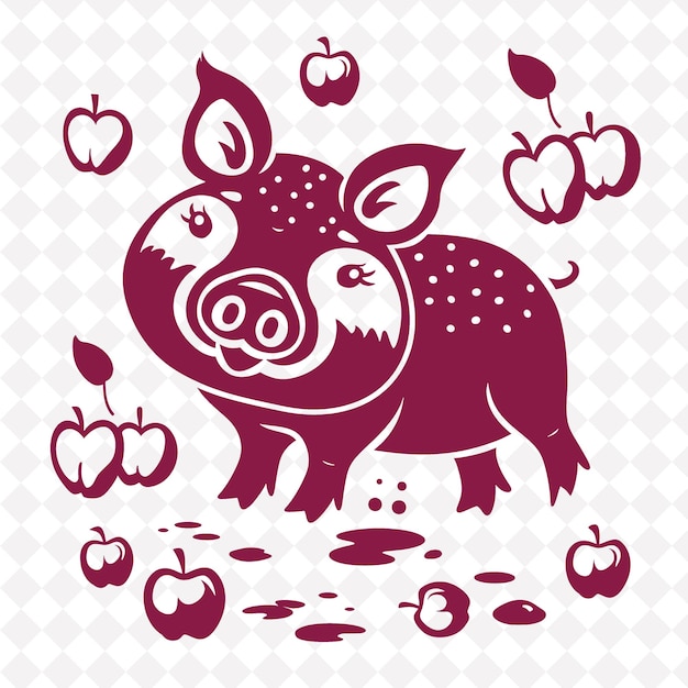PSD een varken met een paarse achtergrond met appels erop