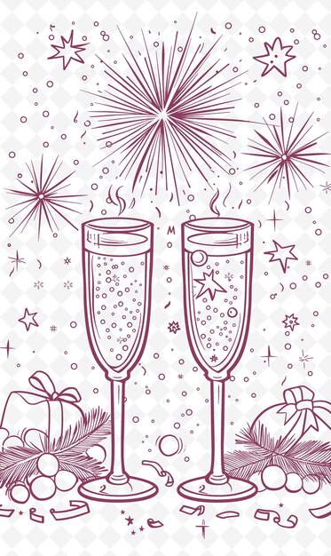 PSD een vectorillustratie van champagne glazen met vuurwerk en een geschenkdoos