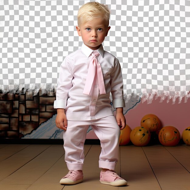 PSD een verbijsterde kleutersjongen met blond haar van de oost-aziatische etniciteit gekleed in slagerkleding poseert in een standing with crossed ankles-stijl tegen een pastel beige achtergrond