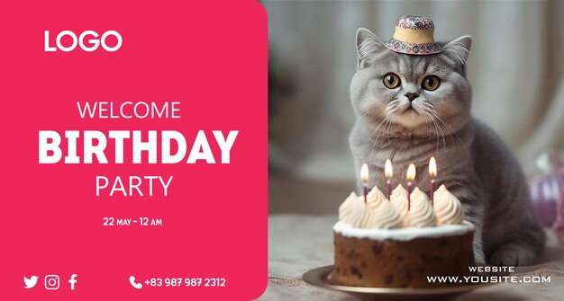 PSD een verjaardagsposter voor een kat met een taart erop.