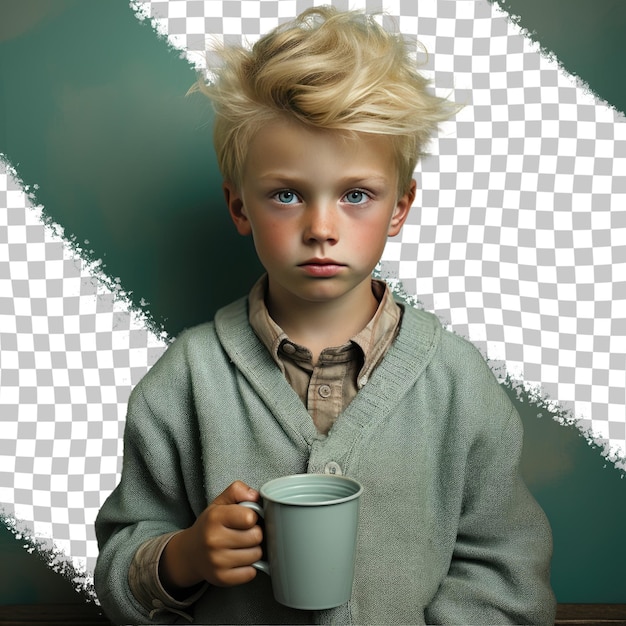 PSD een verontwaardigd kind met blond haar van de oeralische etniciteit gekleed in een koffie-outfit poseert in een zachte blik met gekantelde hoofdstijl tegen een pastel turquoise achtergrond