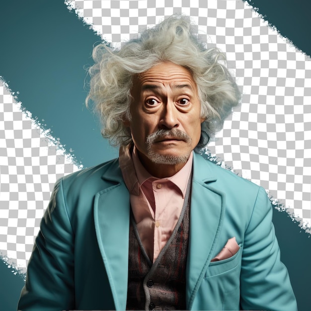 PSD een verontwaardigde oudere man met golvend haar van aziatische afkomst gekleed in psychologische kleding poseert in een sideways glance-stijl tegen een pastel turquoise achtergrond