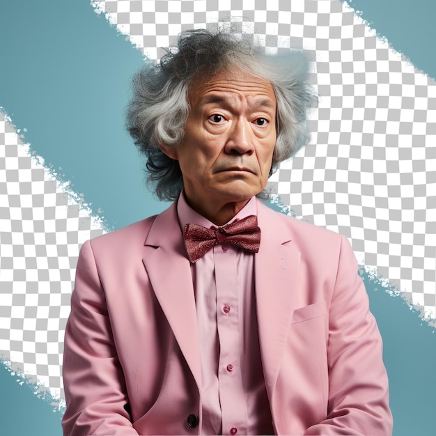 Een verontwaardigde oudere man met golvend haar van aziatische afkomst gekleed in psychologische kleding poseert in een sideways glance-stijl tegen een pastel turquoise achtergrond