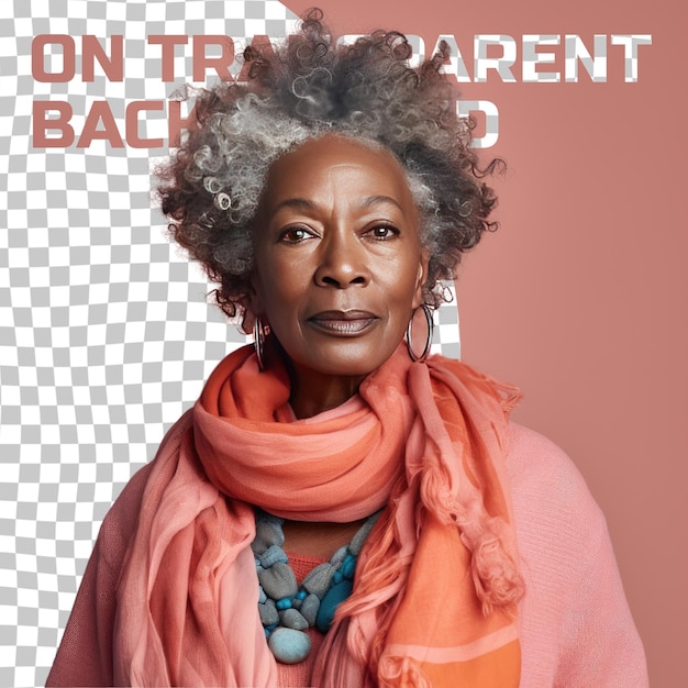PSD een verontwaardigde oudere vrouw met krullend haar van de afrikaanse etniciteit gekleed in breien sjaals kleding poseert in een profiel met dramatische verlichting stijl tegen een pastel koraal achtergrond