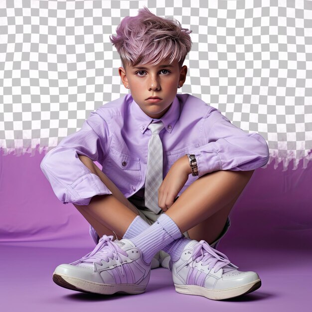 PSD een verveeld kind jongen met kort haar van de mongoolse etniciteit gekleed in recreational therapist outfit poseert in een sitting with legs stretched out stijl tegen een pastel lilac achtergrond