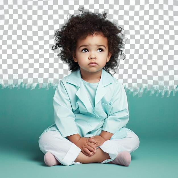 PSD een verwonderde peutervrouw met krullend haar van de pacific islander-etniciteit gekleed in een oncoloogkleding poseert in een zittende pose met gekruiste benen tegen een pastel mint achtergrond