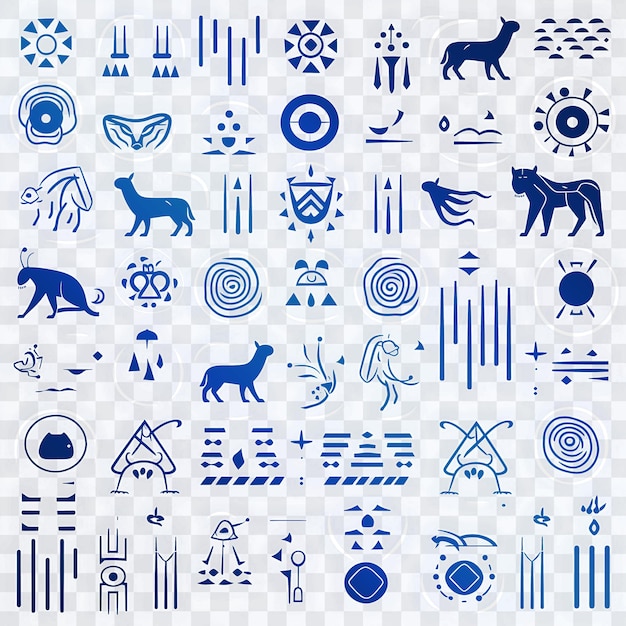 Een verzameling blauw-witte illustraties met dieren en tekens