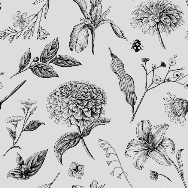 Een verzameling bloemen en bladeren op een grijze achtergrond