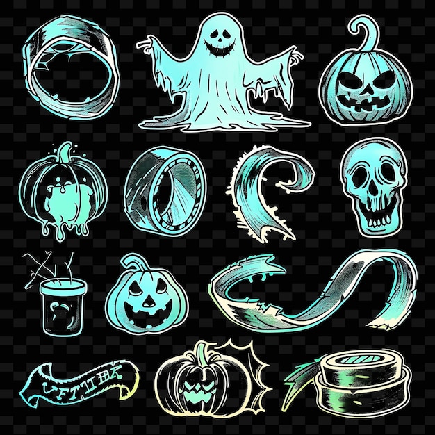 PSD een verzameling halloween-artikelen, waaronder een spookpompoen en pompoenen