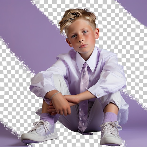 PSD een vindicated child jongen met blond haar van de aziatische etniciteit gekleed in fysiotherapeut kleding poseert in een sitting met één been gebogen stijl tegen een pastel lilac achtergrond