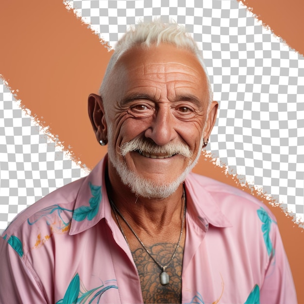 PSD een vindicated senior man met kaal haar van de aboriginal australische etniciteit gekleed in barber kleding poseert in een casual hair tug stijl tegen een pastel peach achtergrond