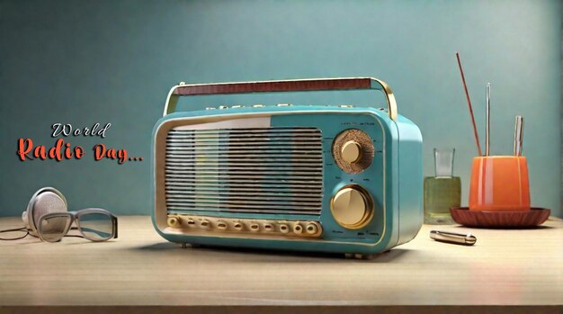 PSD een vintage radioset gerenderd in 3d-concept door world radio day