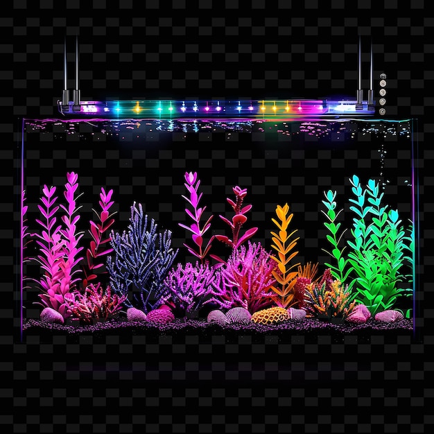 Een vis tank met een kleurrijk licht en een string van lichten