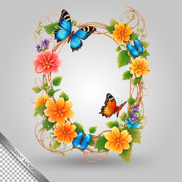 PSD een vlinder en bloemen zijn gerangschikt in een frame met vlinders en bloemen