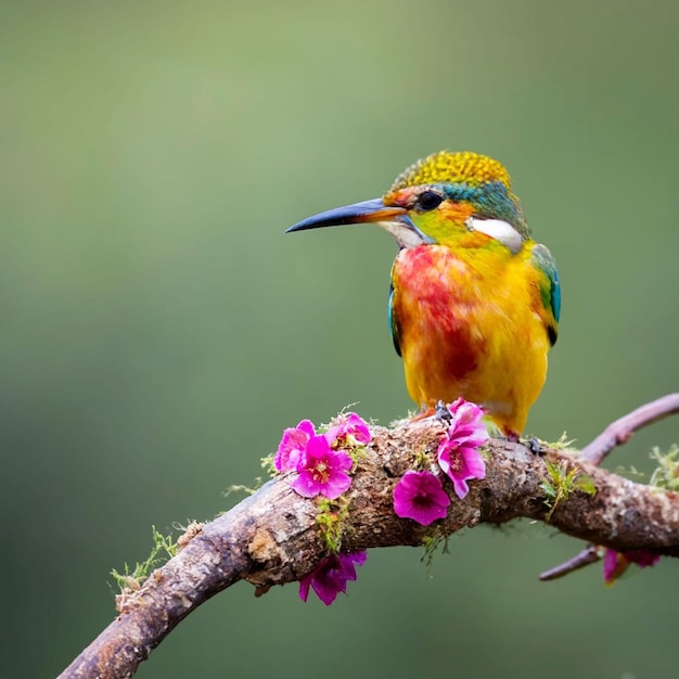 Een vogel met een gele kop en rode veren zit op een tak met een bloem op de achtergrond