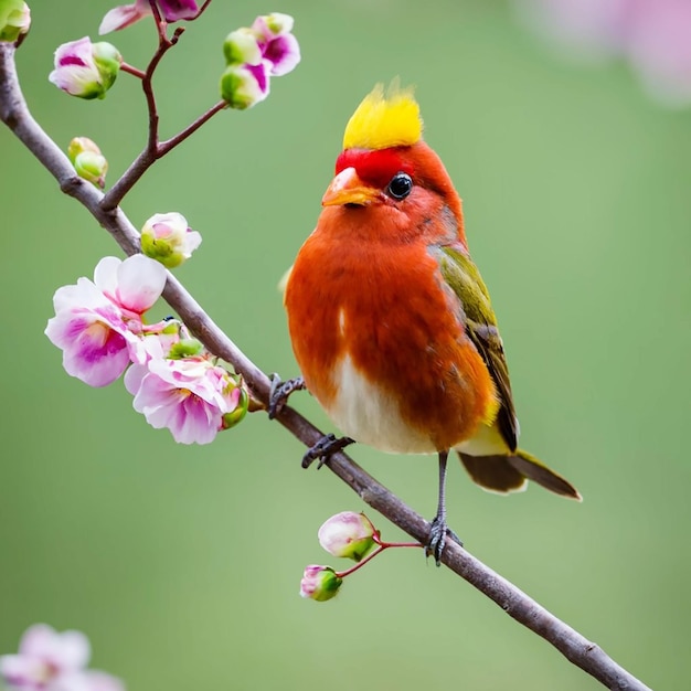 PSD een vogel met een gele kop en rode veren zit op een tak met een bloem op de achtergrond